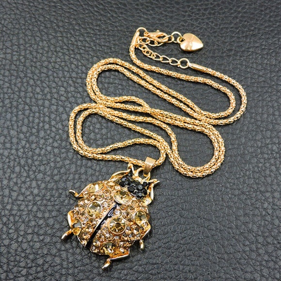 Ladybug Beetle Necklace, Beetle, Ladybird Color-Gold Plated Crystal Rhinestone - Picture 4 of 8
